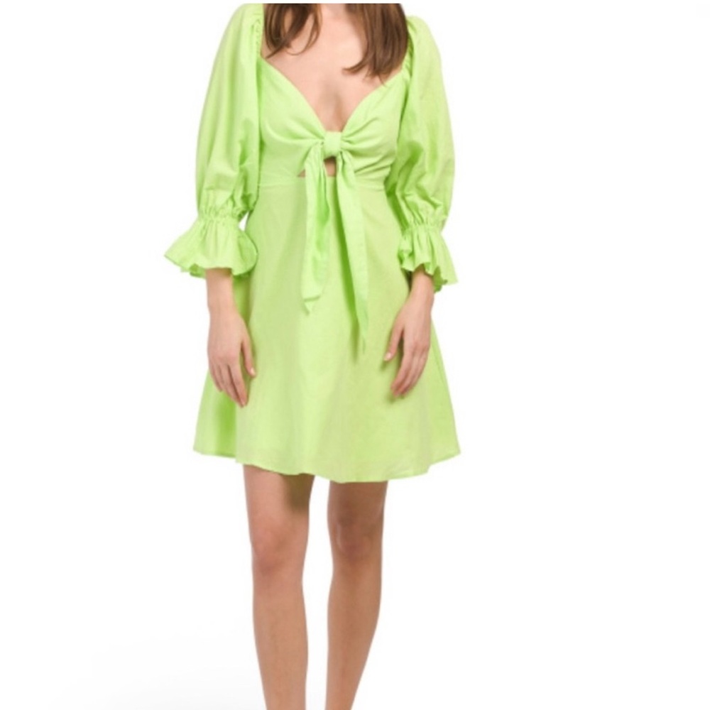CHARLIE HOLIDAY Size 4 Lime Green Linen Blend Sonny Tie Front Mini Dress NWT NEW